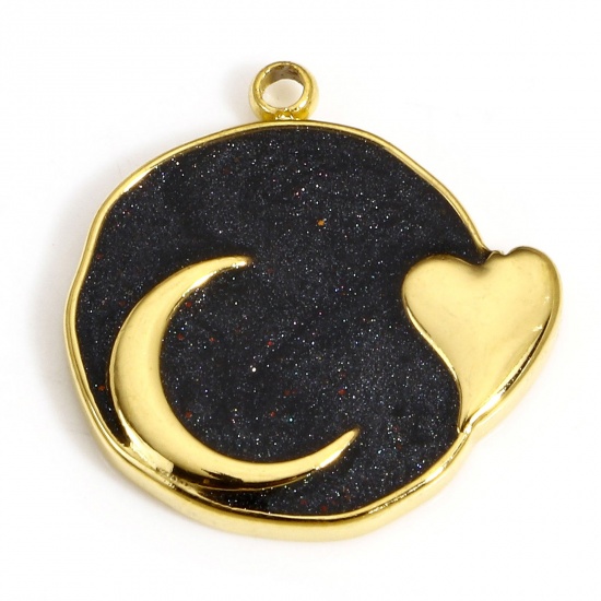 Picture of 1 Piece 304 Stainless Steel Galaxy Charms Gold Plated Black Round Moon Enamel 17.5mm x 17mm