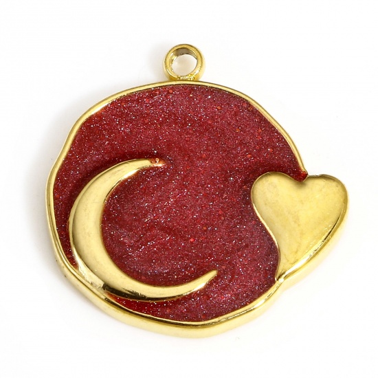 Picture of 1 Piece 304 Stainless Steel Galaxy Charms Gold Plated Fuchsia Round Moon Enamel 17.5mm x 17mm