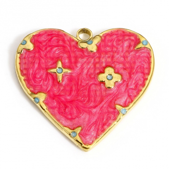 Picture of 1 Piece 304 Stainless Steel Galaxy Charms Gold Plated Hot Pink Heart Star Enamel