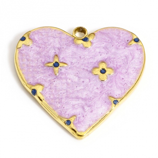 Picture of 1 Piece 304 Stainless Steel Galaxy Charms Gold Plated Purple Heart Star Enamel
