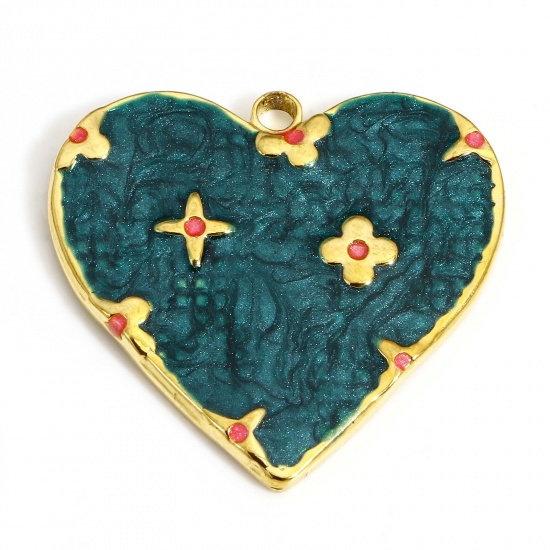 Picture of 1 Piece 304 Stainless Steel Galaxy Charms Gold Plated Green Heart Star Enamel