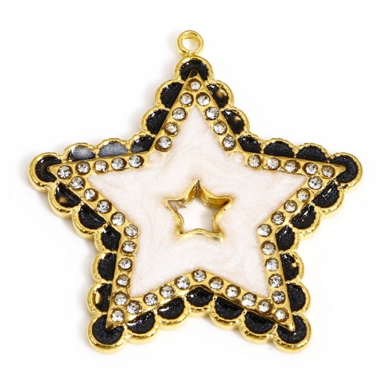 Picture of 1 Piece 304 Stainless Steel Galaxy Charms Gold Plated White Pentagram Star Enamel Clear Rhinestone 28.5mm x 27.5mm