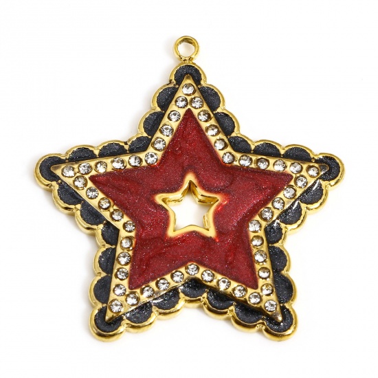 Picture of 1 Piece 304 Stainless Steel Galaxy Charms Gold Plated Fuchsia Pentagram Star Enamel Clear Rhinestone 28.5mm x 27.5mm