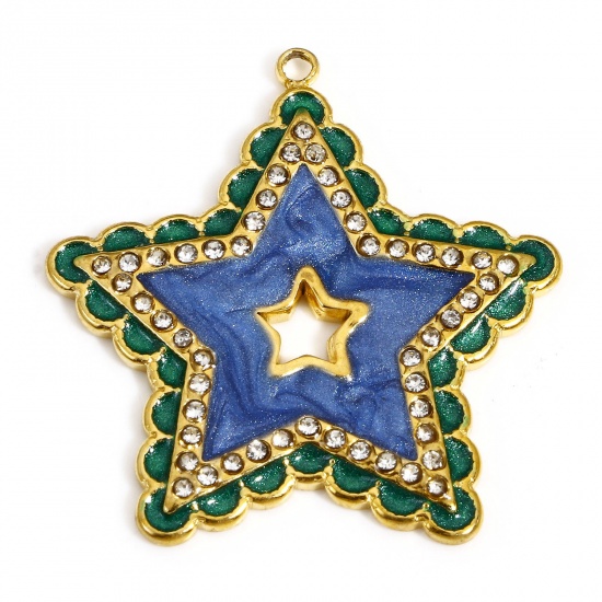 Picture of 1 Piece 304 Stainless Steel Galaxy Charms Gold Plated Blue Pentagram Star Enamel Clear Rhinestone 28.5mm x 27.5mm