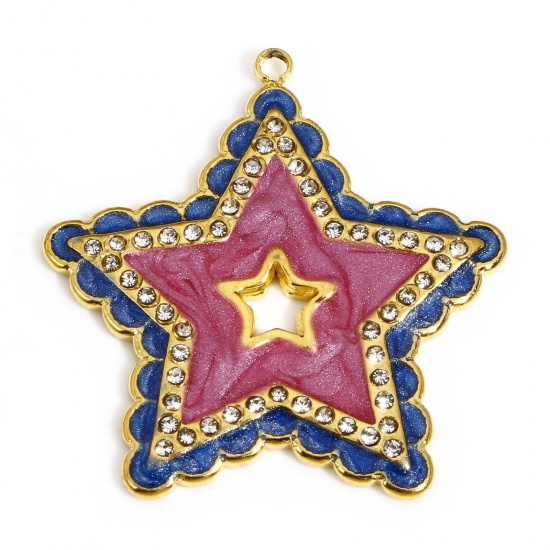 Picture of 1 Piece 304 Stainless Steel Galaxy Charms Gold Plated Purple Pentagram Star Enamel Clear Rhinestone 28.5mm x 27.5mm