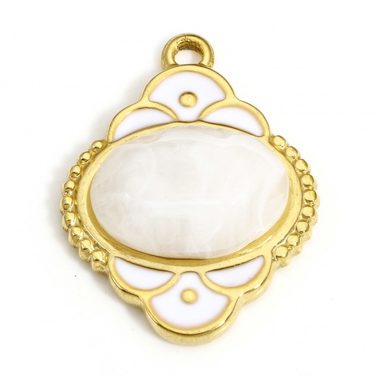 Bild von 1 Stück 304 Edelstahl & Stein Königlicher Stil Charms Oval Vergoldet Weiß Geschnitzte Muster Emaille 24.5mm x 18.5mm