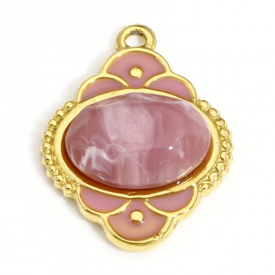 Bild von 1 Stück 304 Edelstahl & Stein Königlicher Stil Charms Oval Vergoldet Rosa Geschnitzte Muster Emaille 24.5mm x 18.5mm