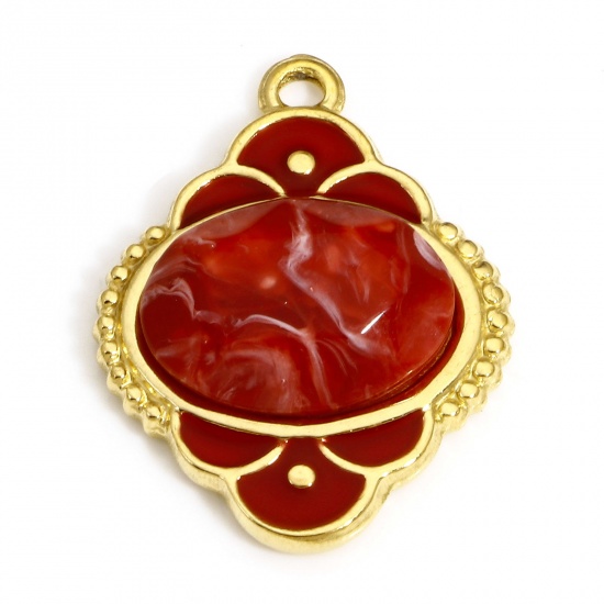 Bild von 1 Stück 304 Edelstahl & Stein Königlicher Stil Charms Oval Vergoldet Rot Geschnitzte Muster Emaille 24.5mm x 18.5mm
