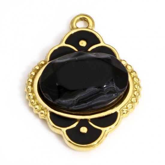 Bild von 1 Stück 304 Edelstahl & Stein Königlicher Stil Charms Oval Vergoldet Schwarz Geschnitzte Muster Emaille 24.5mm x 18.5mm