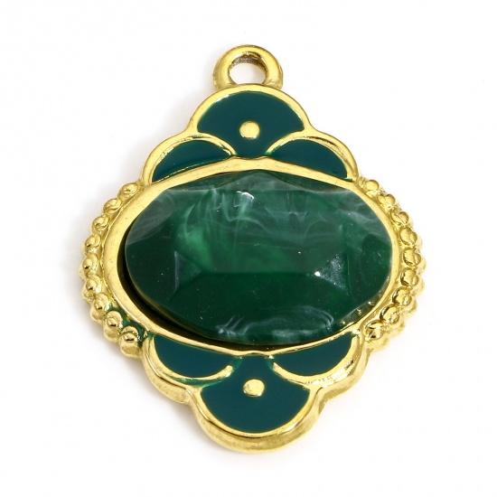 Bild von 1 Stück 304 Edelstahl & Stein Königlicher Stil Charms Oval Vergoldet Grün Geschnitzte Muster Emaille 24.5mm x 18.5mm