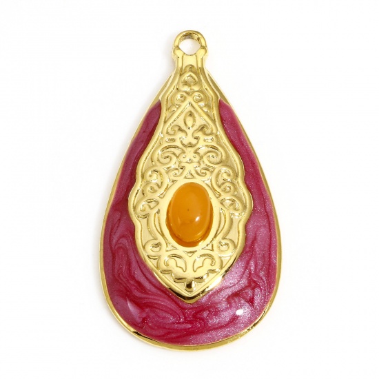 Bild von 1 Stück 304 Edelstahl & Stein Retro Anhänger Tropfen Vergoldet Fuchsie Geschnitzte Muster Emaille 34.5mm x 18mm