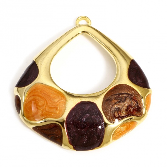 Bild von 1 Stück 304 Edelstahl Retro Anhänger Tropfen Vergoldet Bunt Emaille 36.5mm x 34mm