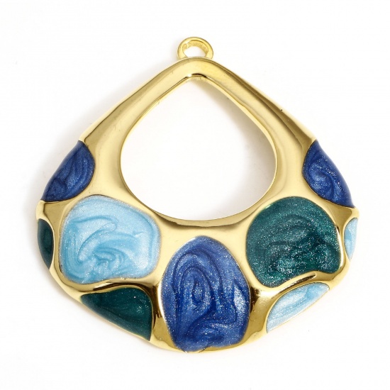 Bild von 1 Stück 304 Edelstahl Retro Anhänger Tropfen Vergoldet Blau & Grün Emaille 36.5mm x 34mm