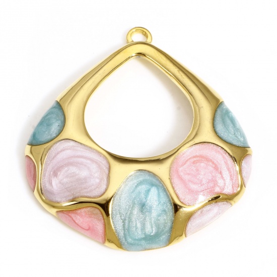 Bild von 1 Stück 304 Edelstahl Retro Anhänger Tropfen Vergoldet Blau & Rosa Emaille 36.5mm x 34mm