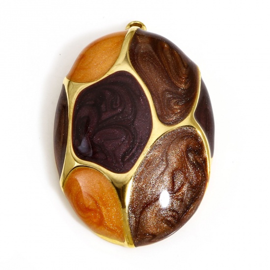 Bild von 1 Stück 304 Edelstahl Retro Anhänger Oval Vergoldet Bunt Emaille 33.5mm x 22mm