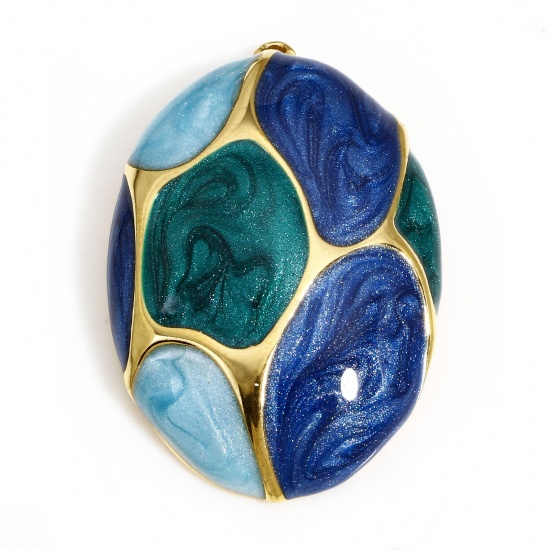 Bild von 1 Stück 304 Edelstahl Retro Anhänger Oval Vergoldet Blau & Grün Emaille 33.5mm x 22mm
