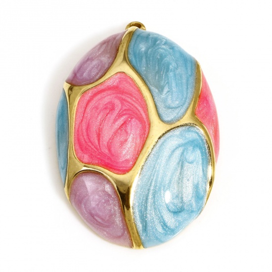 Bild von 1 Stück 304 Edelstahl Retro Anhänger Oval Vergoldet Lila & Fuchsie Emaille 33.5mm x 22mm