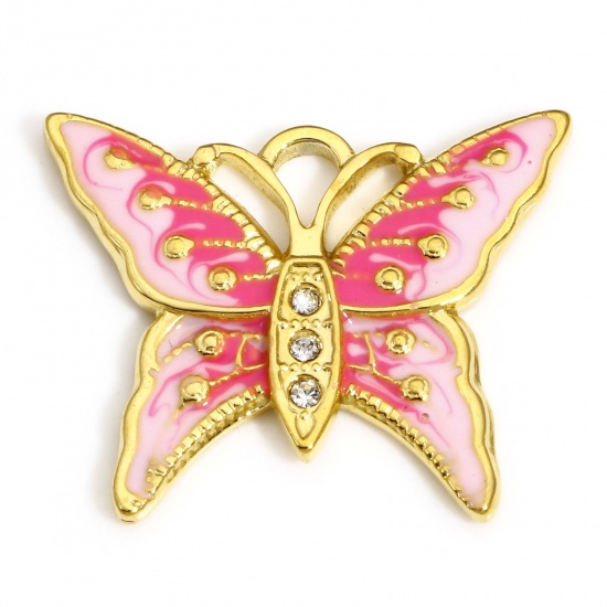 Image de 1 Pièce Breloques en 304 Acier Inoxydable Insecte Papillon Doré Rose Émail à Strass Transparent 24.5mm x 20mm