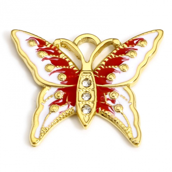 Image de 1 Pièce Breloques en 304 Acier Inoxydable Insecte Papillon Doré Rouge Émail à Strass Transparent 24.5mm x 20mm