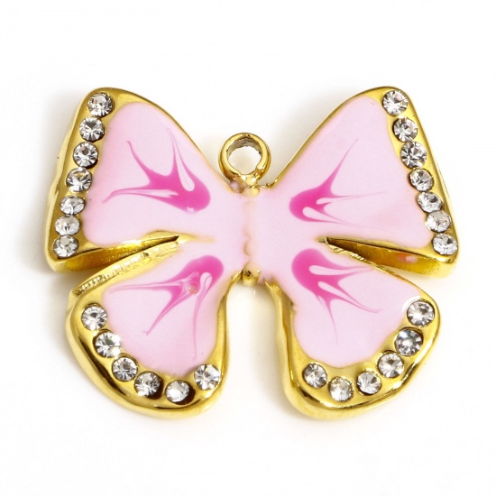 Image de 1 Pièce Breloques en 304 Acier Inoxydable Insecte Papillon Doré Rose Émail à Strass Transparent 19mm x 16.5mm