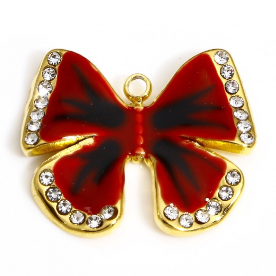 Image de 1 Pièce Breloques en 304 Acier Inoxydable Insecte Papillon Doré Rouge Émail à Strass Transparent 19mm x 16.5mm