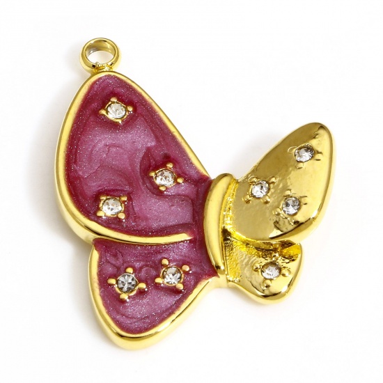 Image de 1 Pièce Breloques en 304 Acier Inoxydable Insecte Papillon Doré Violet Émail à Strass Transparent 24mm x 19.5mm