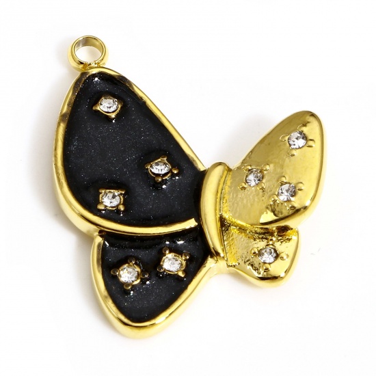 Image de 1 Pièce Breloques en 304 Acier Inoxydable Insecte Papillon Doré Noir Émail à Strass Transparent 24mm x 19.5mm