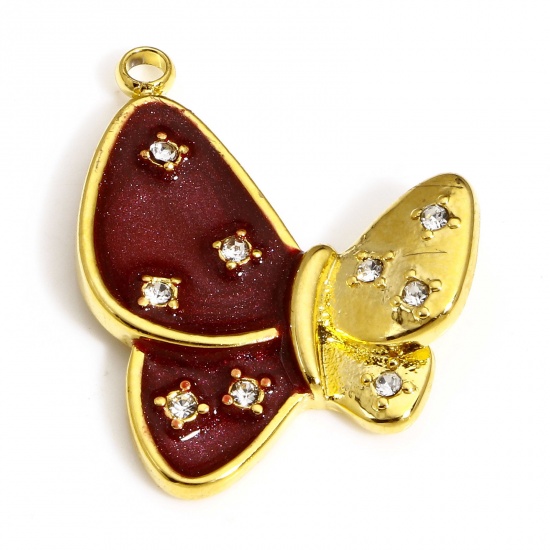 Image de 1 Pièce Breloques en 304 Acier Inoxydable Insecte Papillon Doré Bourgogne Émail à Strass Transparent 24mm x 19.5mm