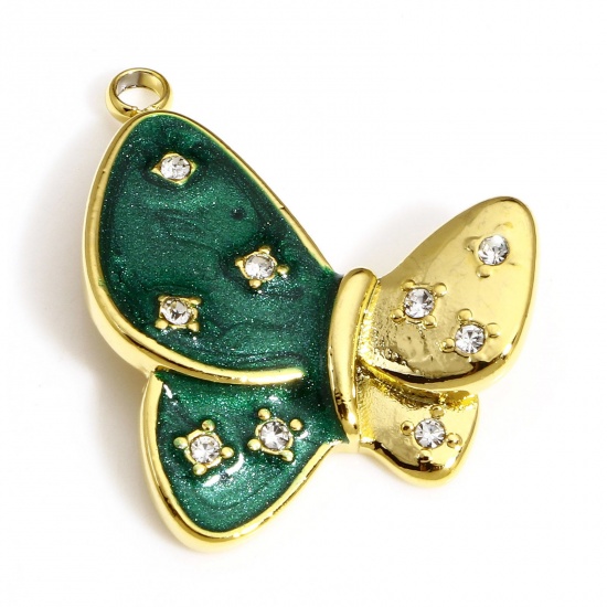 Image de 1 Pièce Breloques en 304 Acier Inoxydable Insecte Papillon Doré Vert Émail à Strass Transparent 24mm x 19.5mm