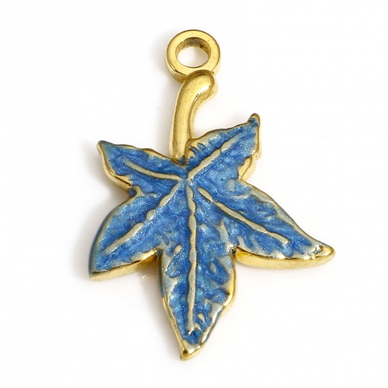 Picture of 1 Piece 304 Stainless Steel Pastoral Style Charms Gold Plated Blue Maple Leaf Enamel 22mm x 15mm