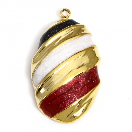 Picture of 1 Piece 304 Stainless Steel Pastoral Style Charms Gold Plated White & Red Oval Leaf Enamel 26mm x 15mm