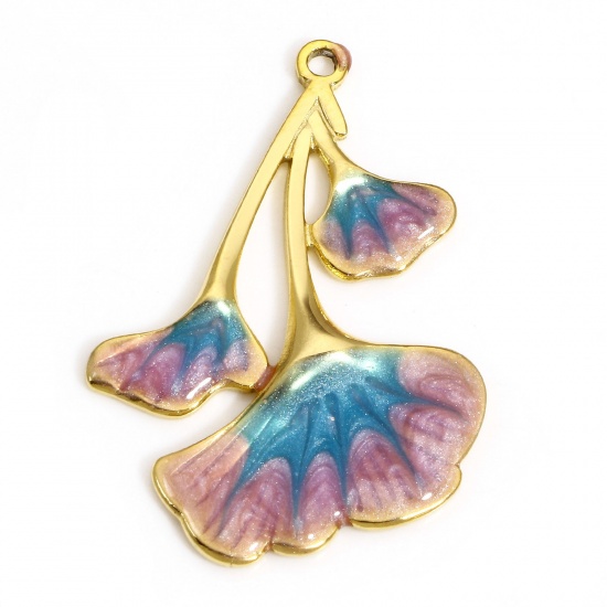 Picture of 1 Piece 304 Stainless Steel Pastoral Style Pendants Gold Plated Pink Gingko Leaf Enamel 32mm x 22.5mm