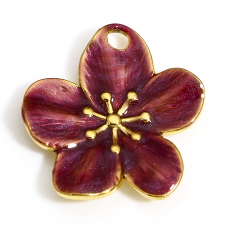 Imagen de 1 Unidad 304 Acero Inoxidable Estilo Pastoral Colgantes Charms Flor Chapado en Oro Fucsia Esmalte 25mm x 22.5mm