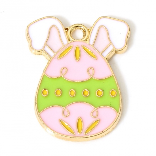 Picture of 10 PCs Zinc Based Alloy Easter Day Charms Gold Plated Easter Egg Ear Enamel 22mm x 17mm