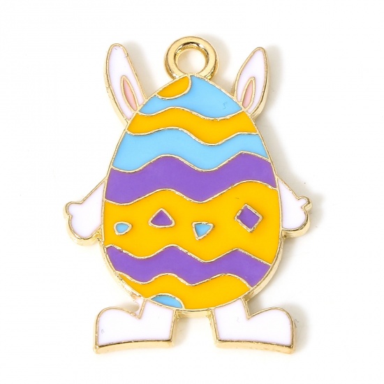 Picture of 10 PCs Zinc Based Alloy Easter Day Charms Gold Plated Easter Egg Ear Enamel 26mm x 19mm