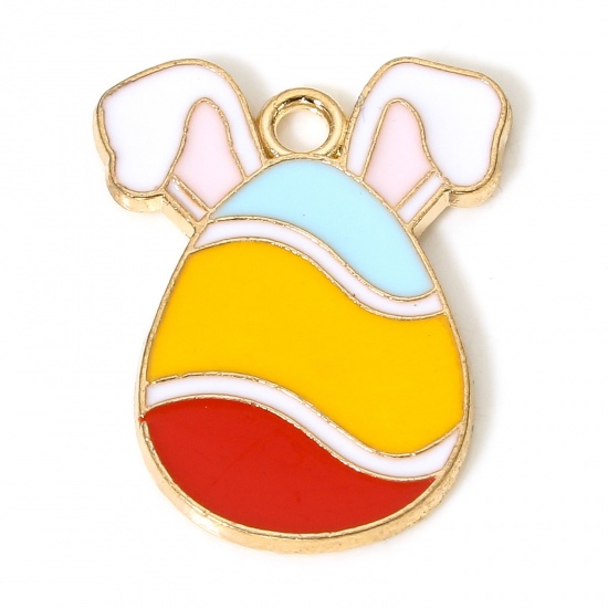Picture of 10 PCs Zinc Based Alloy Easter Day Charms Gold Plated Easter Egg Ear Enamel 22mm x 17mm