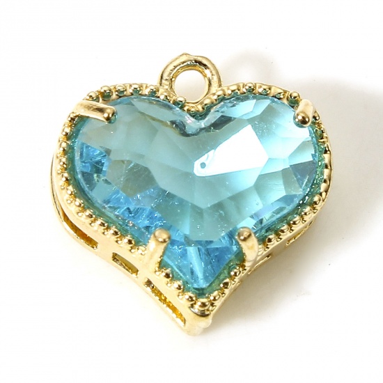 Picture of 5 PCs Brass & Glass Valentine's Day Charms Gold Plated Lake Blue Heart 12mm x 12mm                                                                                                                                                                            