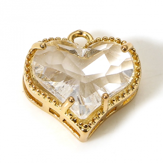 Picture of 5 PCs Brass & Glass Valentine's Day Charms Gold Plated Transparent Clear Heart 12mm x 12mm                                                                                                                                                                    