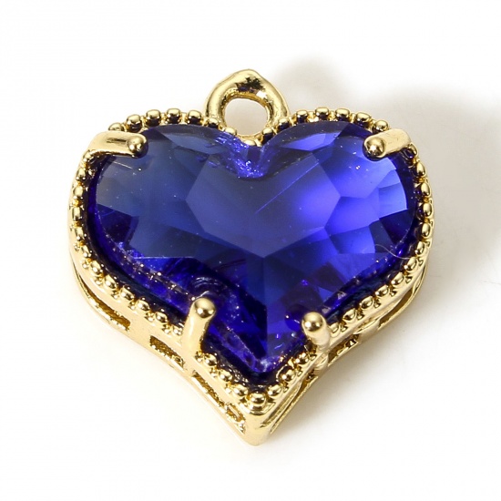 Picture of 5 PCs Brass & Glass Valentine's Day Charms Gold Plated Royal Blue Heart 12mm x 12mm                                                                                                                                                                           