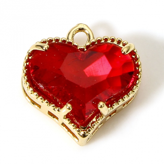 Bild von 5 Stück Messing + Glas Valentinstag Charms Vergoldet Rot Herz 12mm x 12mm                                                                                                                                                                                     