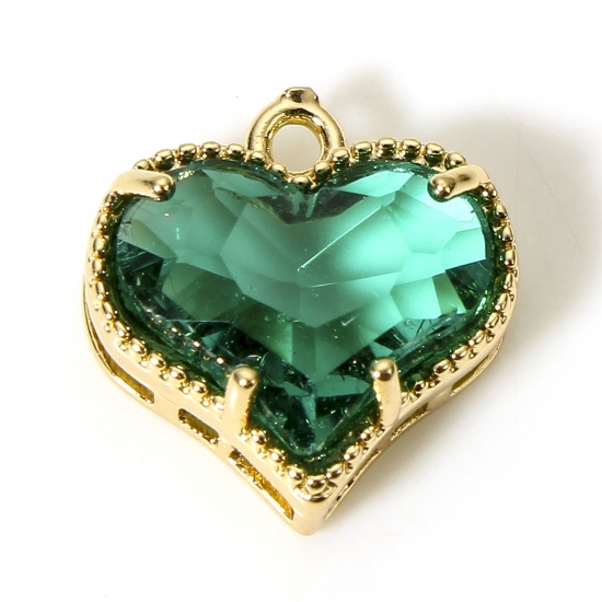 Picture of 5 PCs Brass & Glass Valentine's Day Charms Gold Plated Green Heart 12mm x 12mm                                                                                                                                                                                