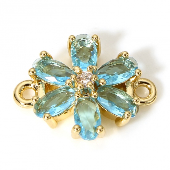 Picture of 5 PCs Brass & Glass Connectors Charms Pendants Gold Plated Lake Blue Flower 16mm x 13mm                                                                                                                                                                       