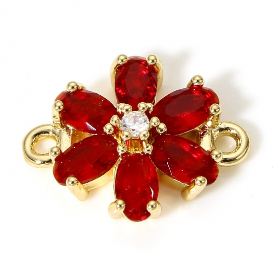Picture of 5 PCs Brass & Glass Connectors Charms Pendants Gold Plated Red Flower 16mm x 13mm                                                                                                                                                                             