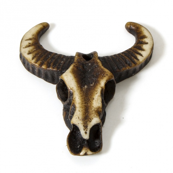 Immagine di 5 Pz Resina Stile Bohemien Ciondoli Testa di Toro/Testa di Mucca Marrone Scuro Cranio 5.9cm x 5.2cm