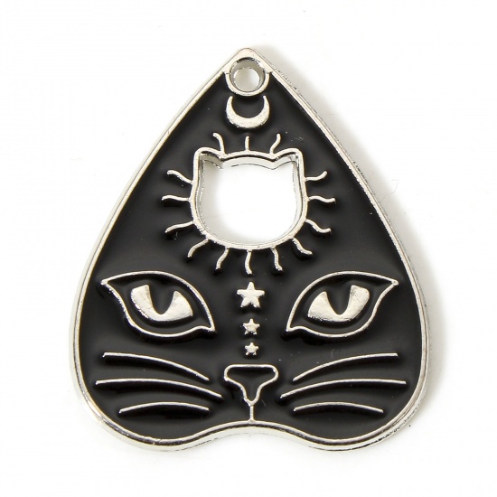 Picture of 10 PCs Zinc Based Alloy Religious Charms Silver Tone Black Ouija Board Cat Enamel 25.5mm x 22mm