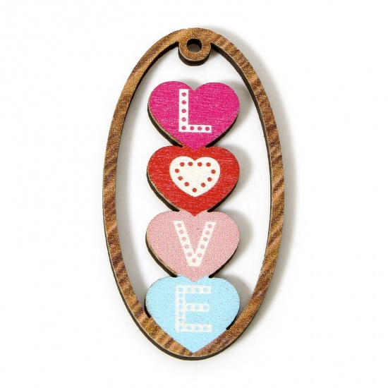 Picture of 10 PCs Wood Valentine's Day Pendants Multicolor Oval Heart Message " LOVE " 4.9cm x 2.6cm