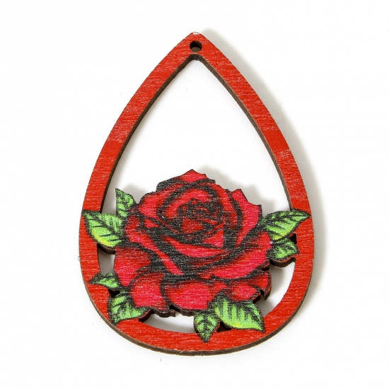 Picture of 10 PCs Wood Valentine's Day Pendants Red Drop Rose Flower Hollow 5cm x 3.4cm