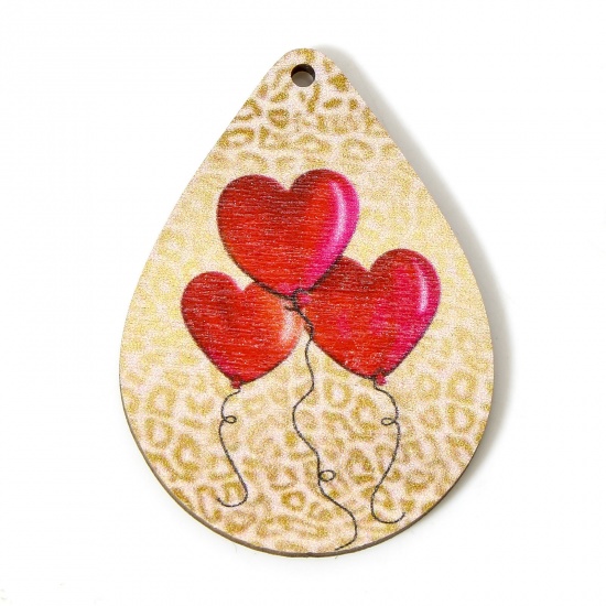 Picture of 10 PCs Wood Valentine's Day Pendants Red Drop Balloon 5cm x 3.6cm