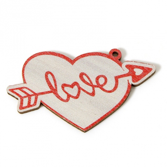 Picture of 10 PCs Wood Valentine's Day Pendants Creamy-White Heart Arrowhead Message " LOVE " 5.5cm x 3.2cm