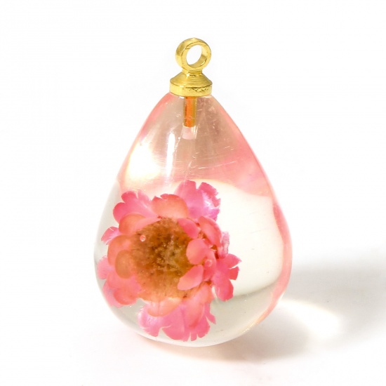 Picture of 2 PCs Resin & Real Dried Flower Charms Drop Pink 3D 21mm x 13mm